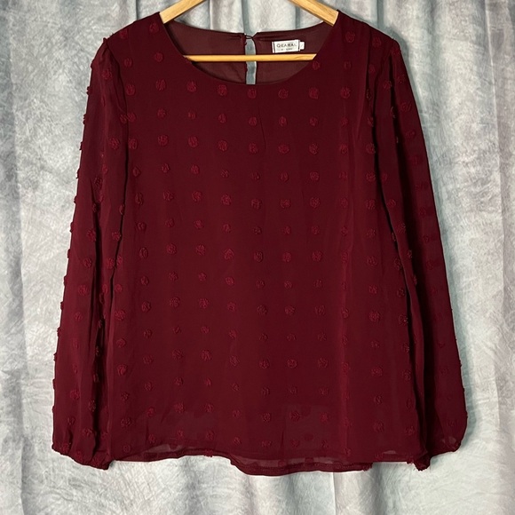 Qearal Burgundy Chiffon Sheer Sleeve Top With Embroidered Polka Dots - Small - Picture 6 of 10